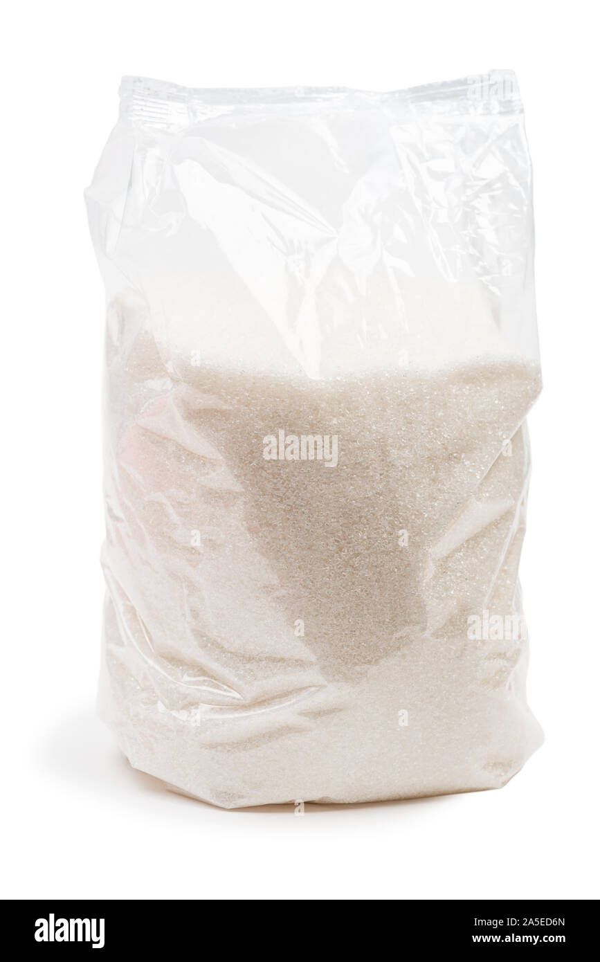 Zucchero confezione in plastica isolato su sfondo bianco con tracciato di ritaglio Foto Stock