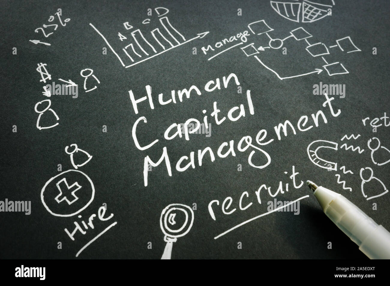 La gestione del capitale umano HCM firma manoscritta su una carta nera. Foto Stock
