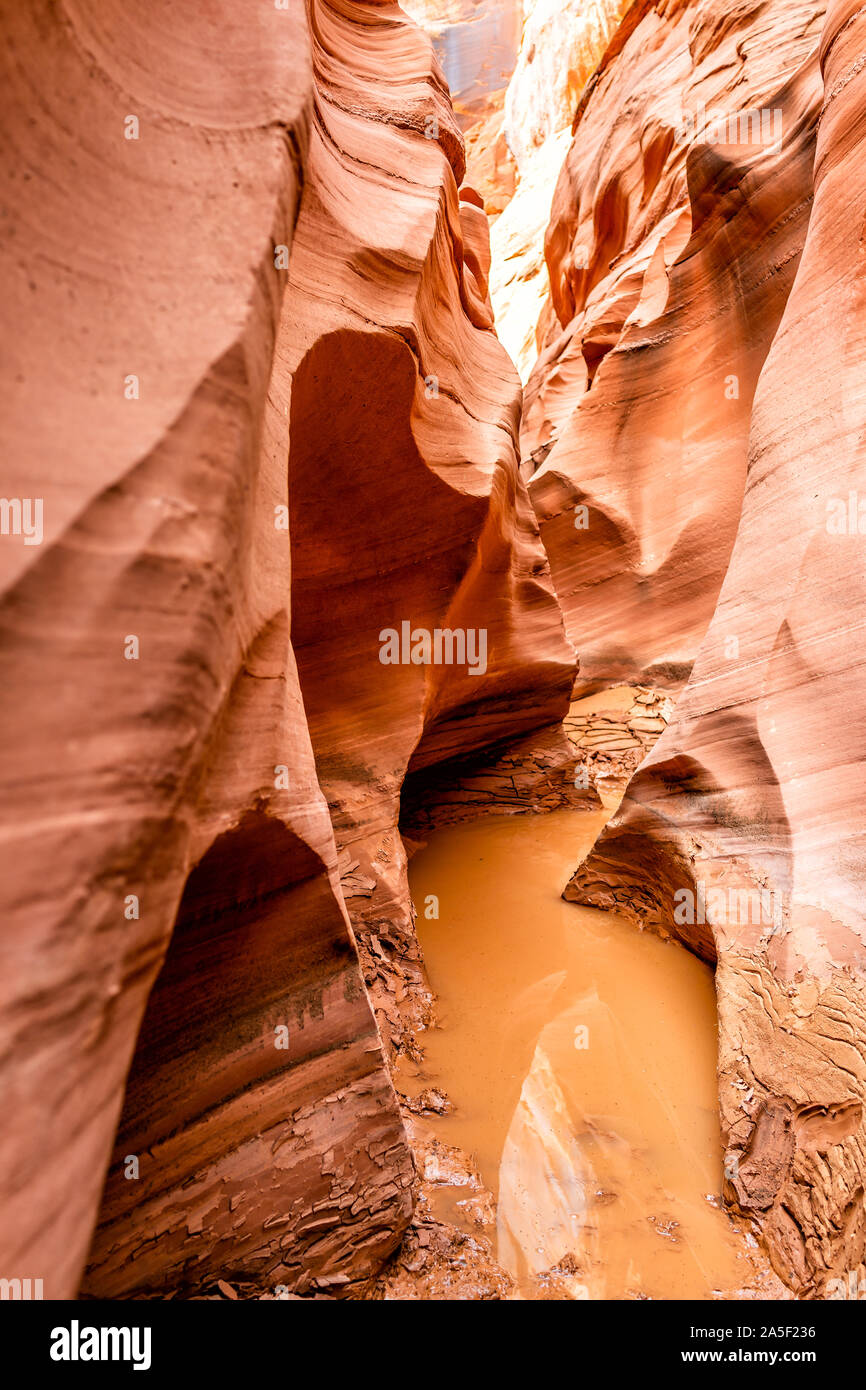 Arancio astratto di arenaria vista verticale di rocce e terreni fangosi acqua sporca piscina in stretta fessura Antelope Canyon in Arizona sul sentiero sentiero percorso dal lago Foto Stock