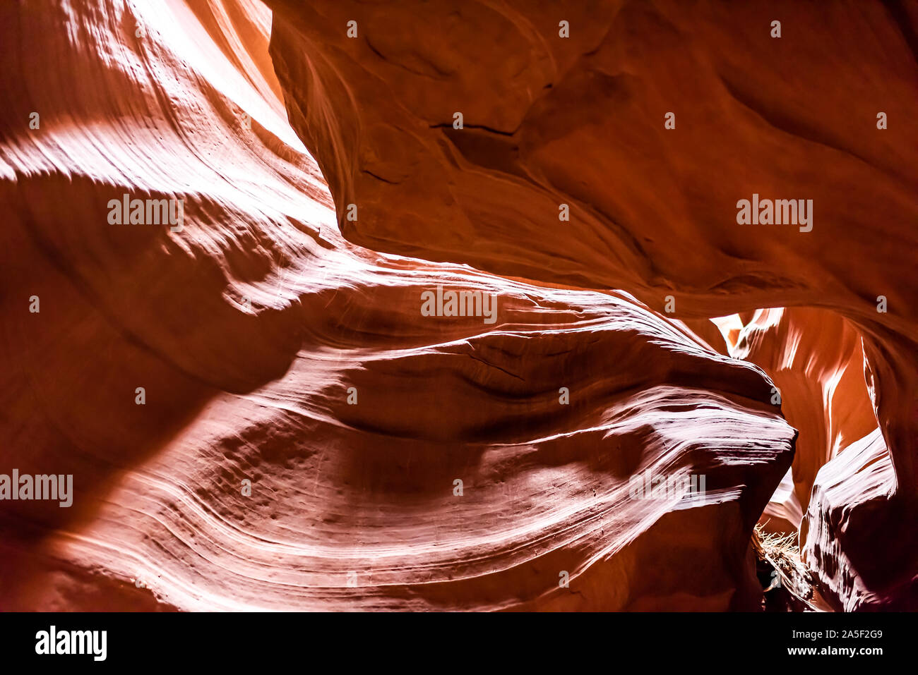 Basso angolo di visione di ombre e di contrasto luminoso con slot Antelope Canyon forma roccia arenaria nella pagina, Arizona Foto Stock