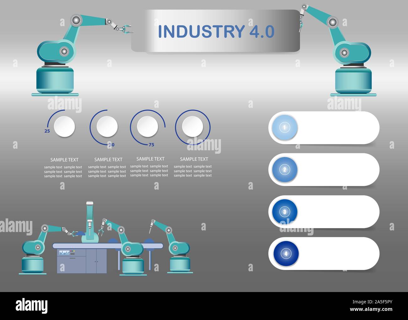 L'industria 4.0 smart factory concetto mostra cerchio blu timeline, quattro sbozzato di etichette bianche e robot lavorando sulla linea di montaggio in fabbrica degli interni. Illustrazione Vettoriale