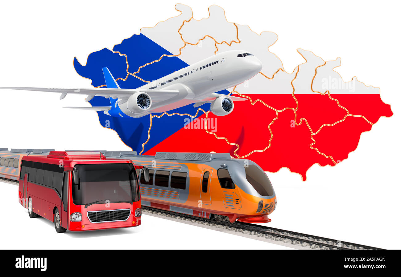 Trasporto passeggeri in Repubblica Ceca da autobus, treni e aerei, concetto. 3D rendering isolati su sfondo bianco Foto Stock