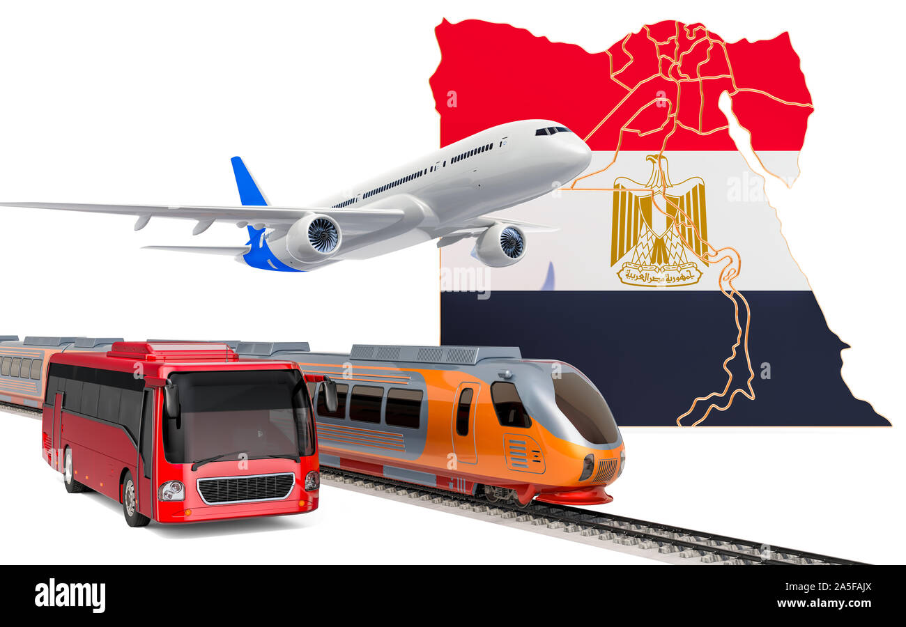 Trasporto passeggeri in Egitto da autobus, treni e aerei, concetto. 3D rendering isolati su sfondo bianco Foto Stock
