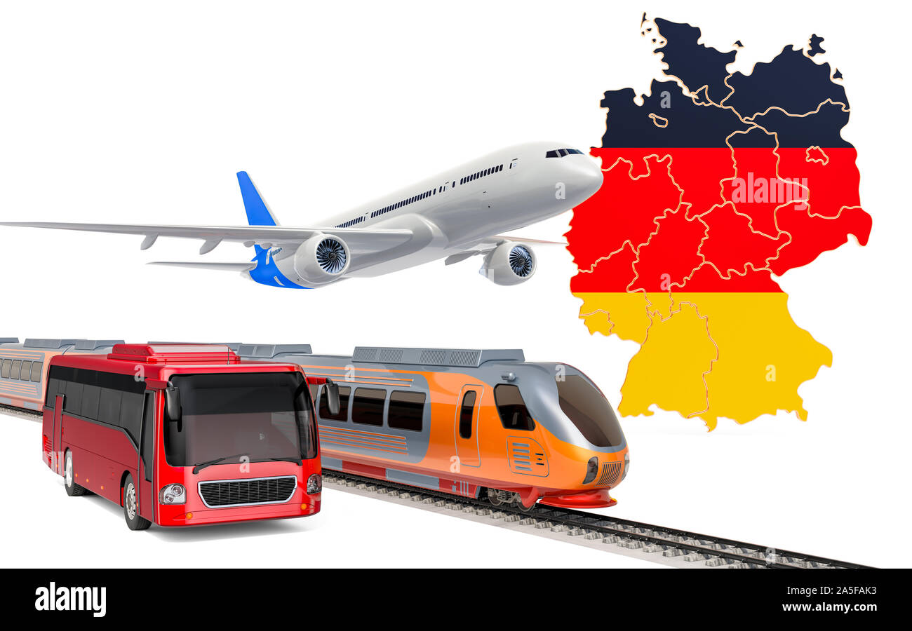 Trasporto passeggeri in Germania da autobus, treni e aerei, concetto. 3D rendering isolati su sfondo bianco Foto Stock