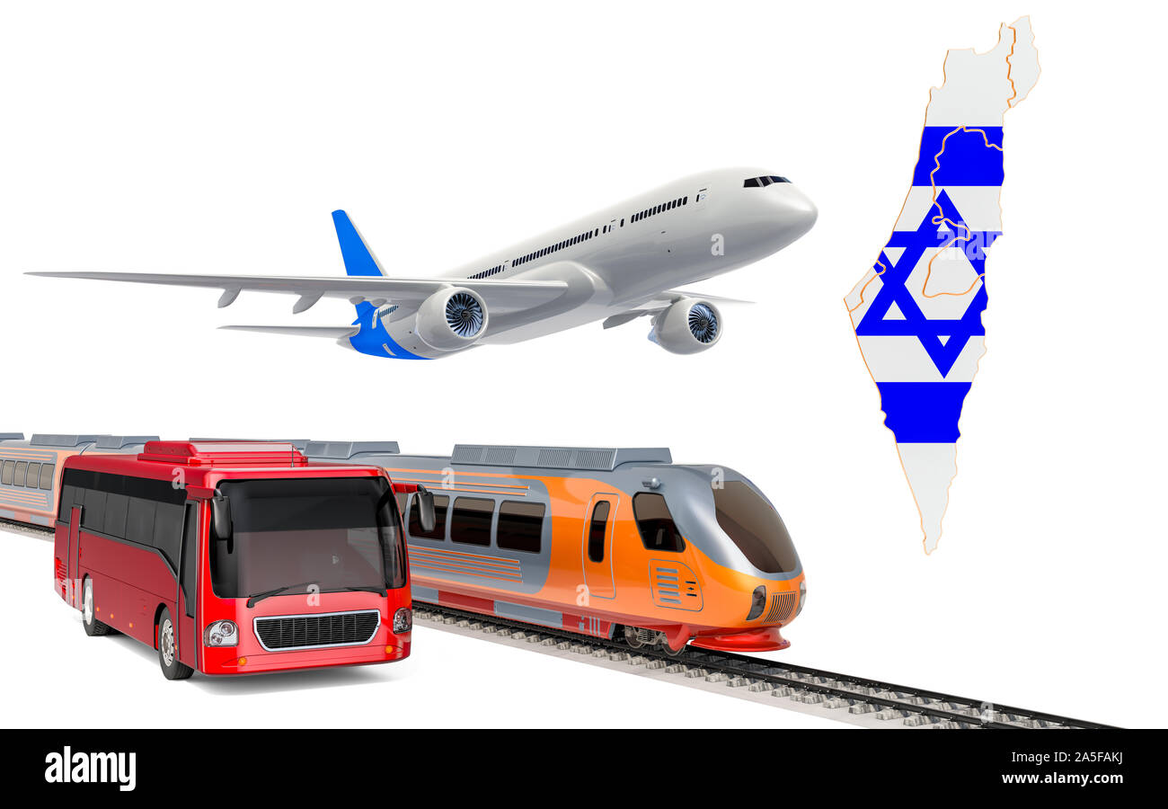Trasporto passeggeri in Israele da autobus, treni e aerei, concetto. 3D rendering isolati su sfondo bianco Foto Stock