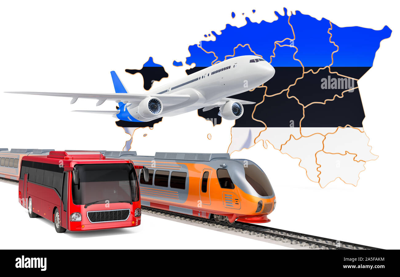 Trasporto passeggeri in Estonia da autobus, treni e aerei, concetto. 3D rendering isolati su sfondo bianco Foto Stock