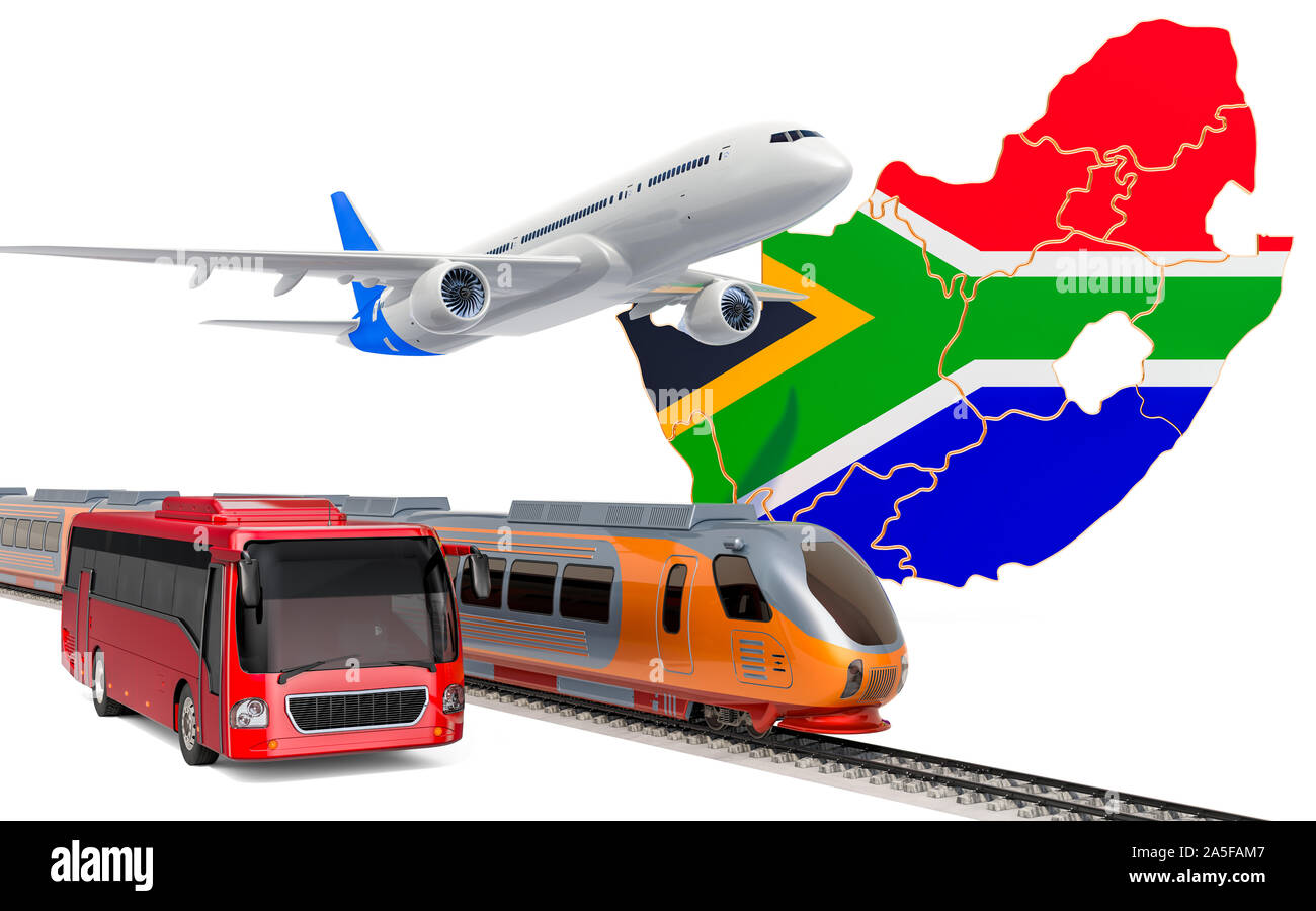 Trasporto passeggeri in Sud Africa da autobus, treni e aerei, concetto. 3D rendering isolati su sfondo bianco Foto Stock