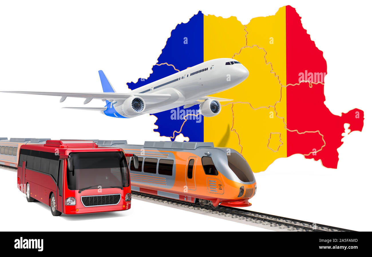 Trasporto passeggeri in Romania da autobus, treni e aerei, concetto. 3D rendering isolati su sfondo bianco Foto Stock