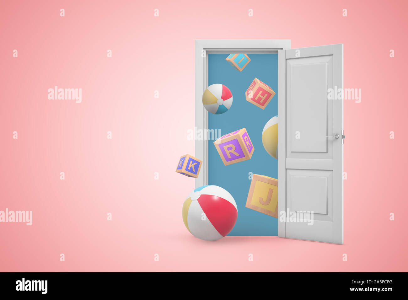 3D rendering del bianco aperto porta sul gradiente dello sfondo rosa e molti windballs e blocchi di ABC battenti di porta. Foto Stock