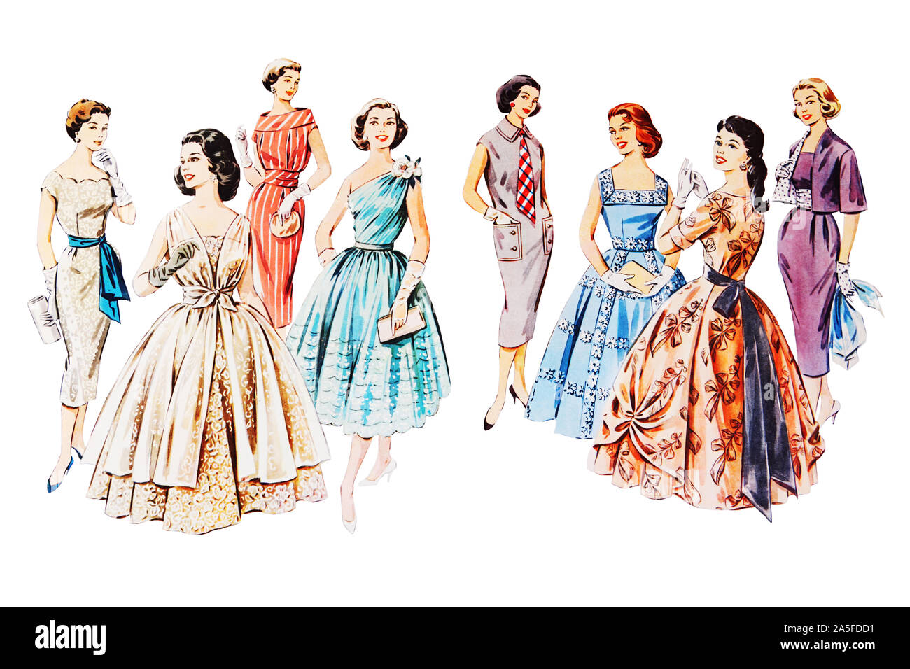 Abito da sera da seta per le donne. Moda 1958-1959. Isolato su bianco Foto Stock