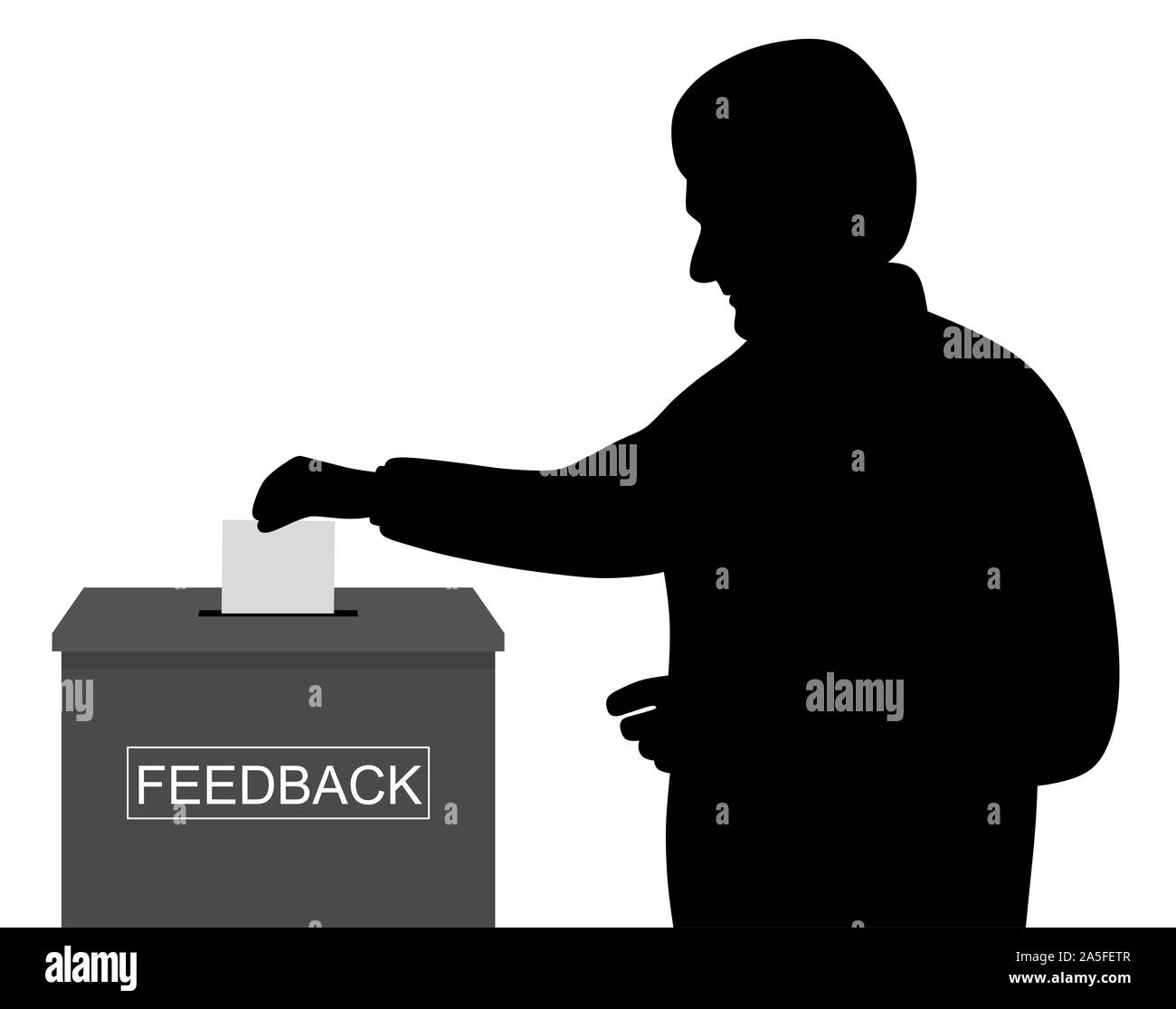 L'uomo cliente imprenditore o lavoratore dipendente o di inserimento vuoto mettendo la carta o la busta nella casella feedback Foto Stock