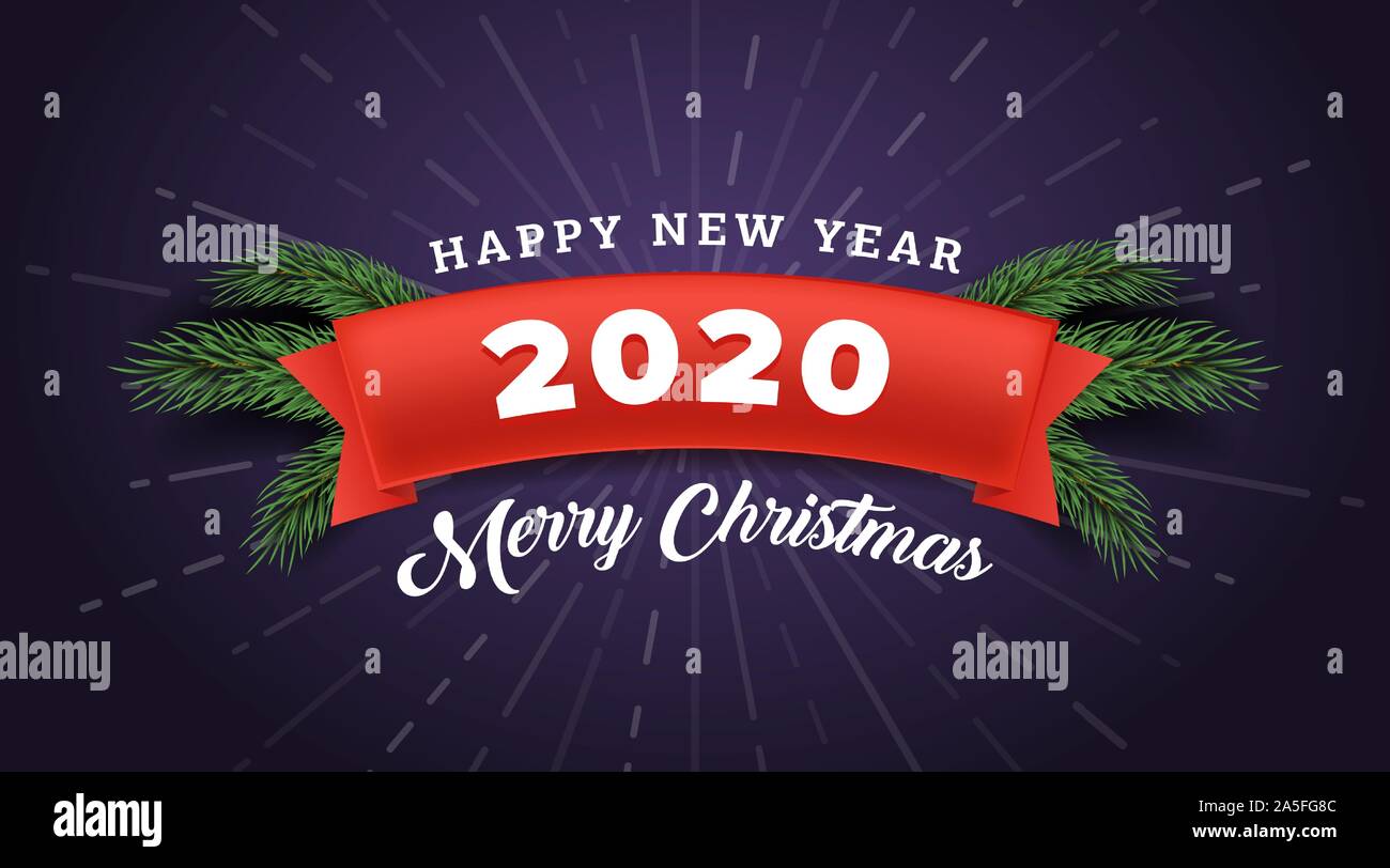 Merry Christmas banner template vettoriale. Stagione invernale holiday greeting card design con felice anno nuovo tipografia. Red Ribbon di festa con 2020 numero e Abete rami su sfondo viola Illustrazione Vettoriale