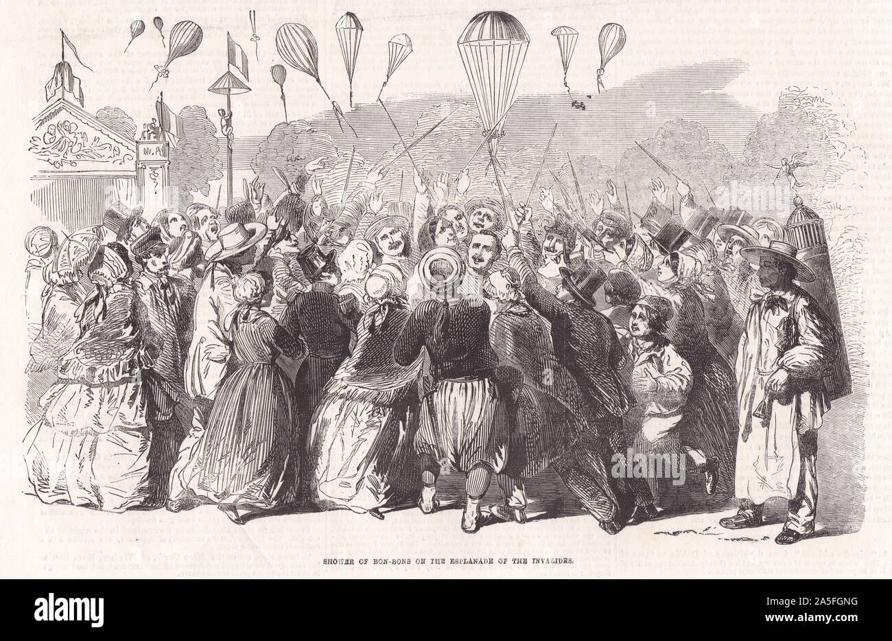 Doccia di Bon-Bons sull'Esplanade des Invalides - Il Illustrated London News 1856. Foto Stock