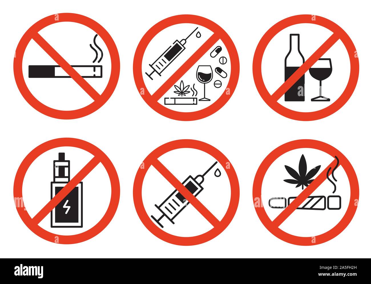 Segno di droghe proibite in rosso barrato cerchio su sfondo bianco. Non fumare, non la droga, non vaping e nessun alcool. Vettore isolato illustrazione. Illustrazione Vettoriale