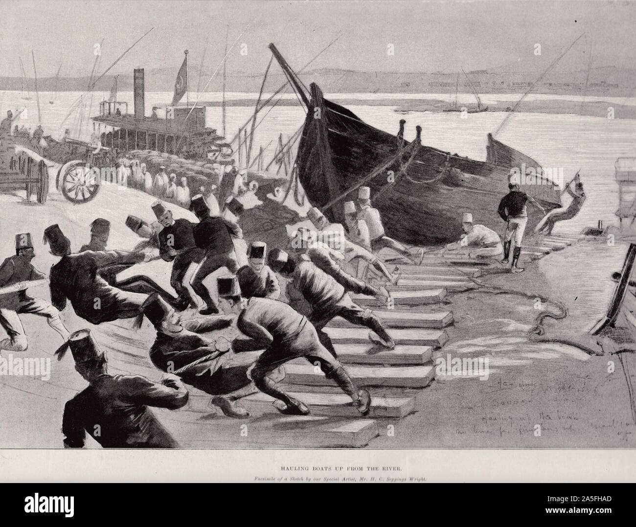 L'avanzare verso di Dongola: alaggio barche fino dal fiume - Il Illustrated London News 1896. Foto Stock