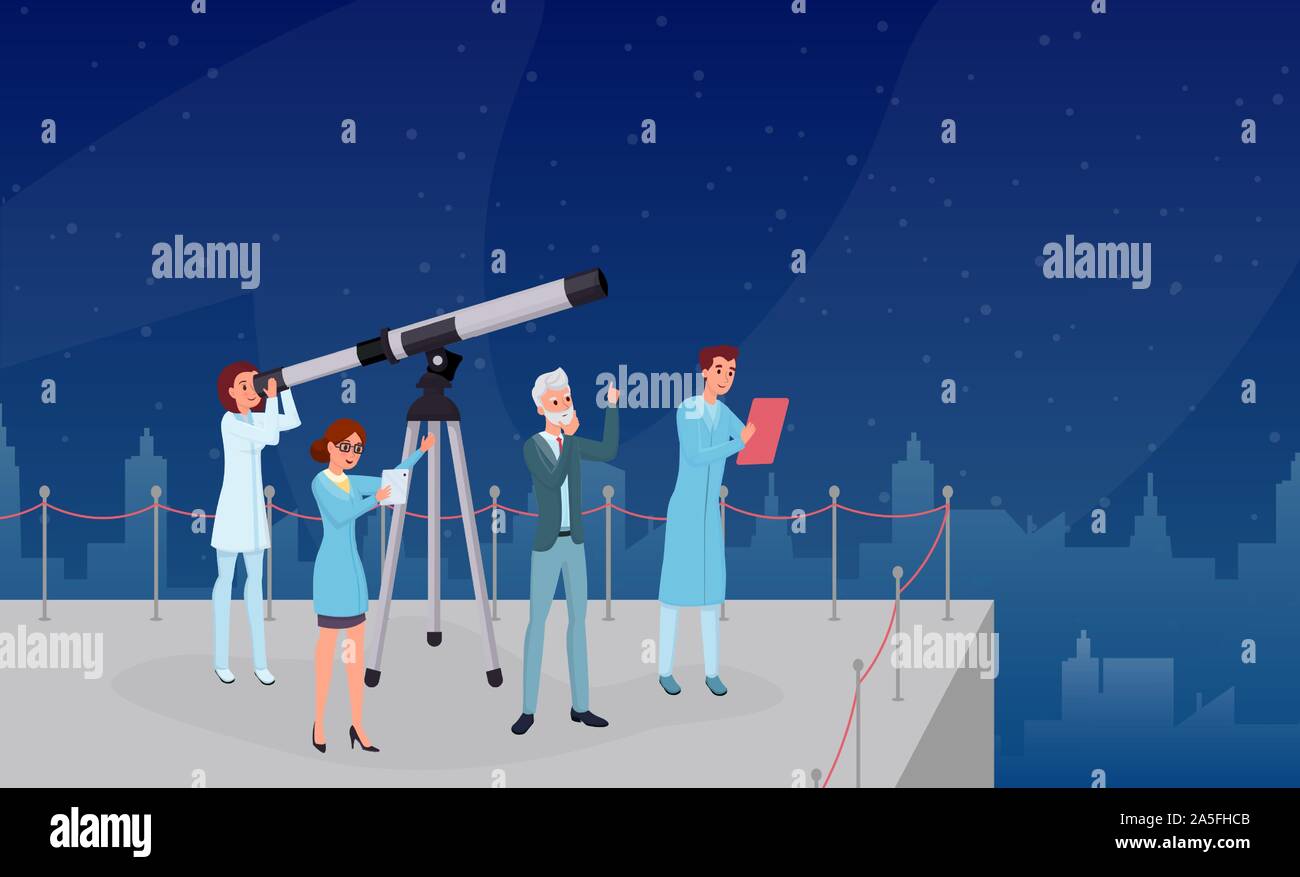 L Osservazione Astronomica Astronomia Flat Illustrazioni Vettoriali Gli Astronomi Professionisti Team Astronomia Esperti E Assistenti I Personaggi Dei Cartoni Animati Gruppo Di Scienziati Che Studiano Cielo Notturno Con Telescopio Immagine E