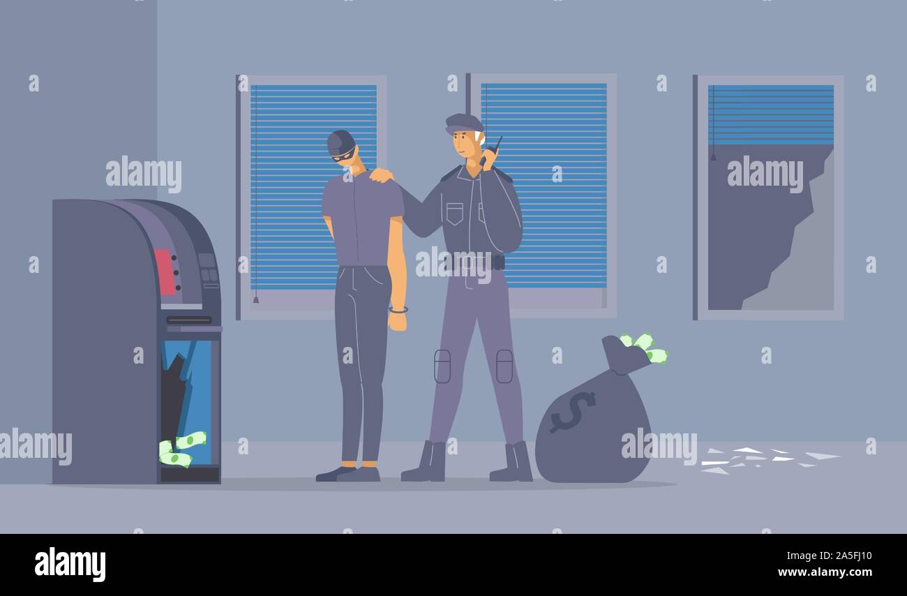 Fallito tentativo di effrazione piatta illustrazione vettoriale. Un poliziotto in uniforme e ladro in manette personaggi dei cartoni animati. Security guard catturato ladro rubare i soldi dal bancomat, penale apprensione Illustrazione Vettoriale