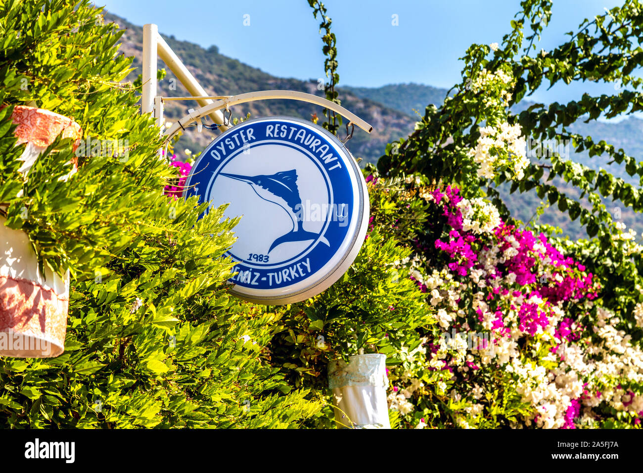Segno per il ristorante Oyster in Oludeniz, Riviera Turca, Turchia Foto Stock