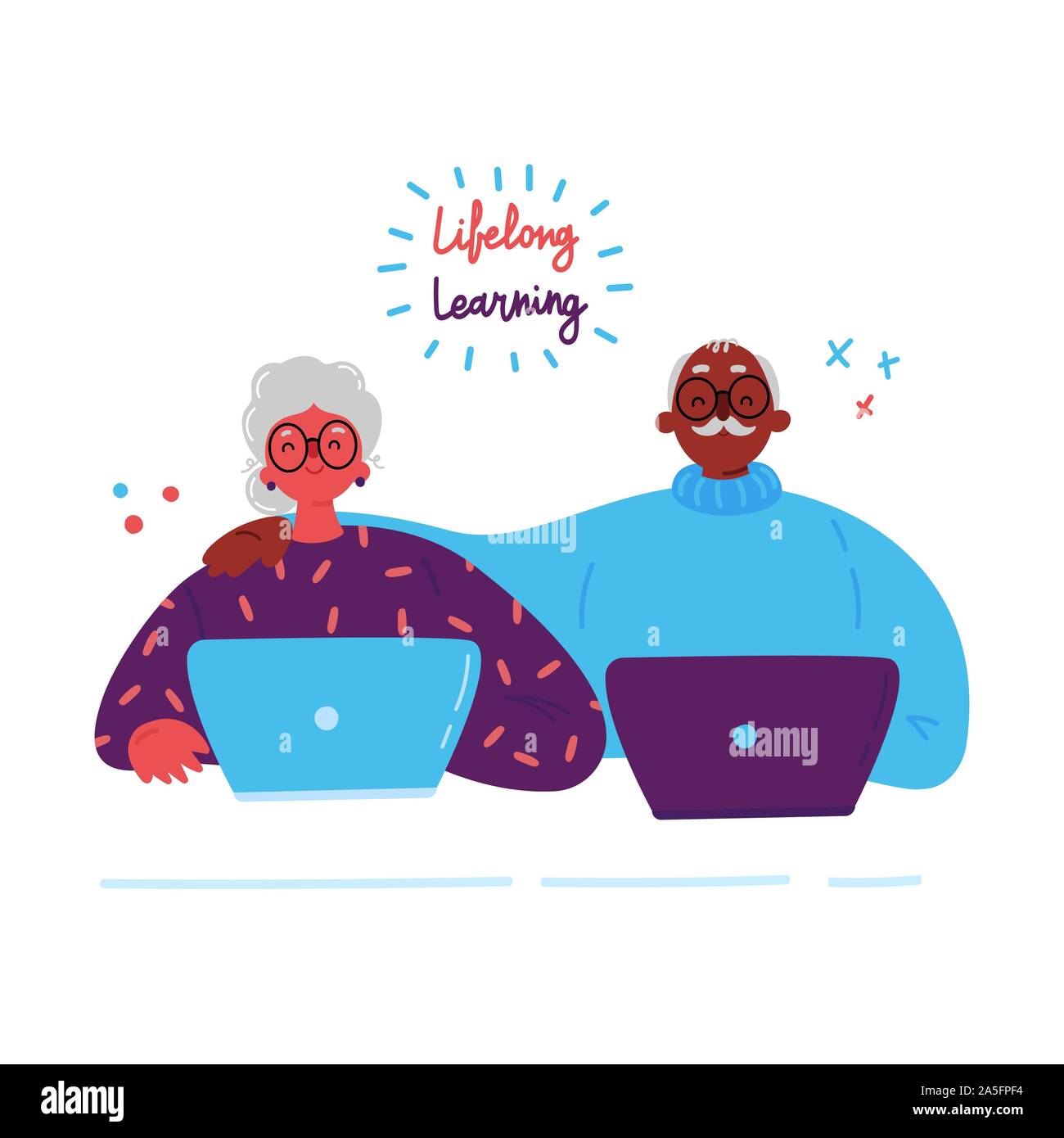 Coppia di anziani a studiare con un laptop.vettore Illustrazione Vettoriale