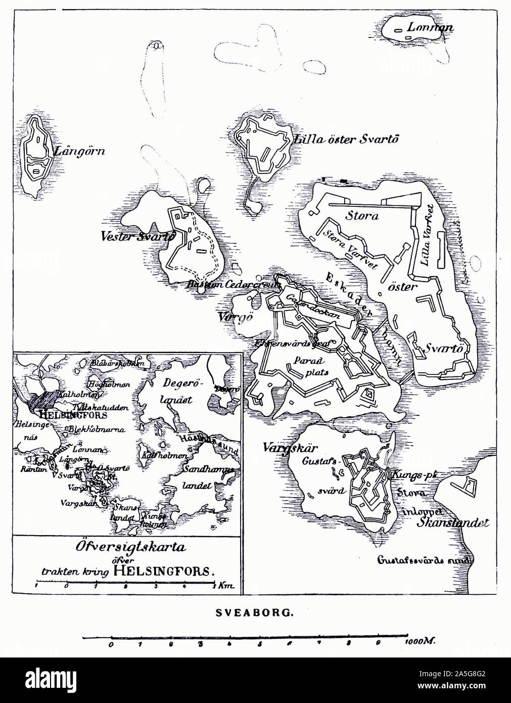 Mappa della Fortezza di Suomenlinna vicino a Helsinki durante la guerra finlandese Foto Stock