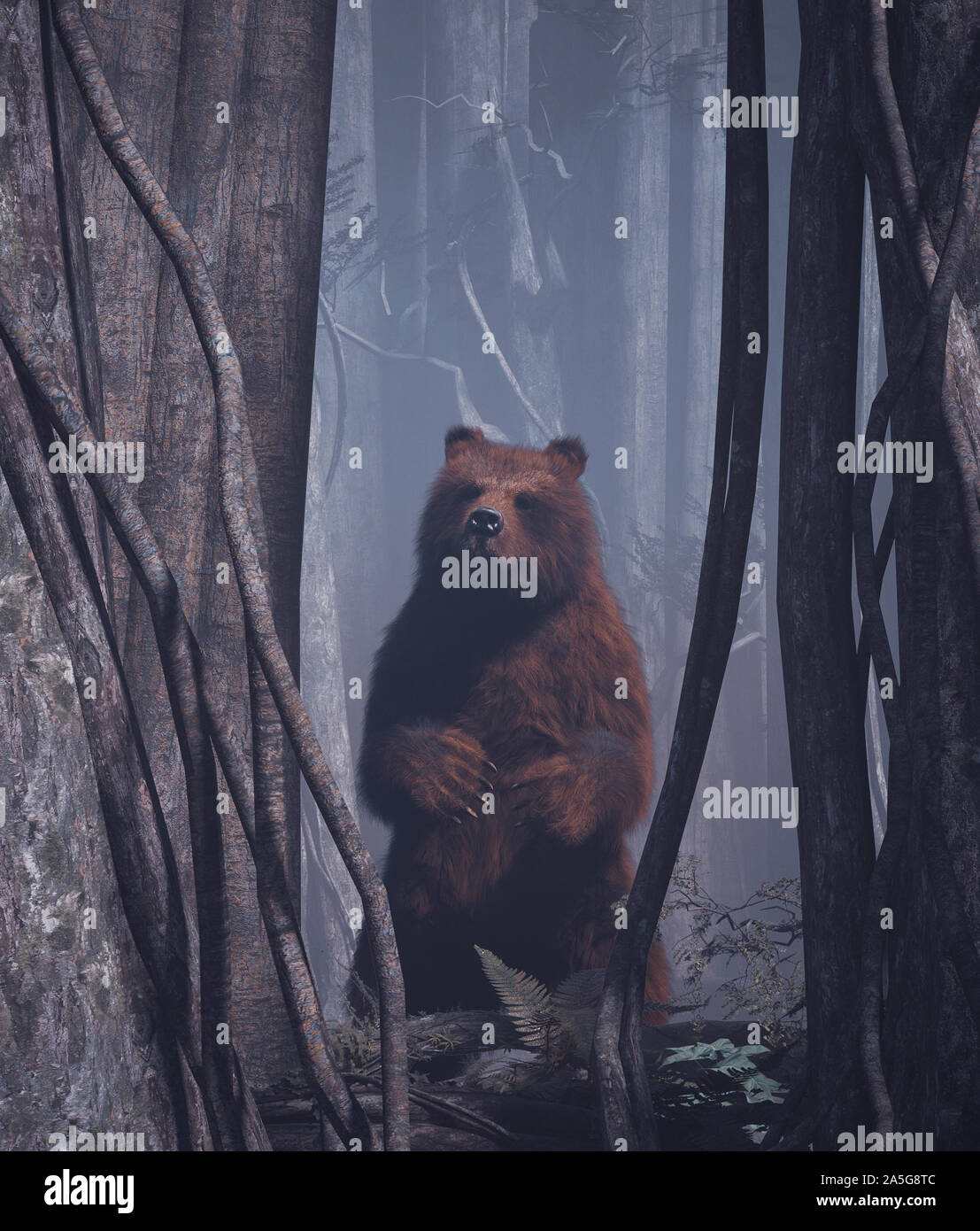 La foresta's tales,marrone orso grizzly nella foresta magica,3d illustrazione Foto Stock