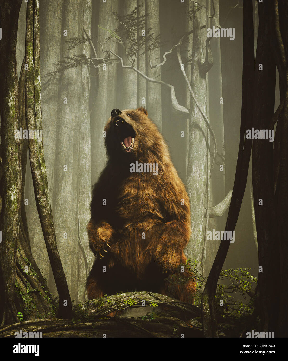 La foresta's tales,marrone orso grizzly nella foresta magica,3d illustrazione Foto Stock