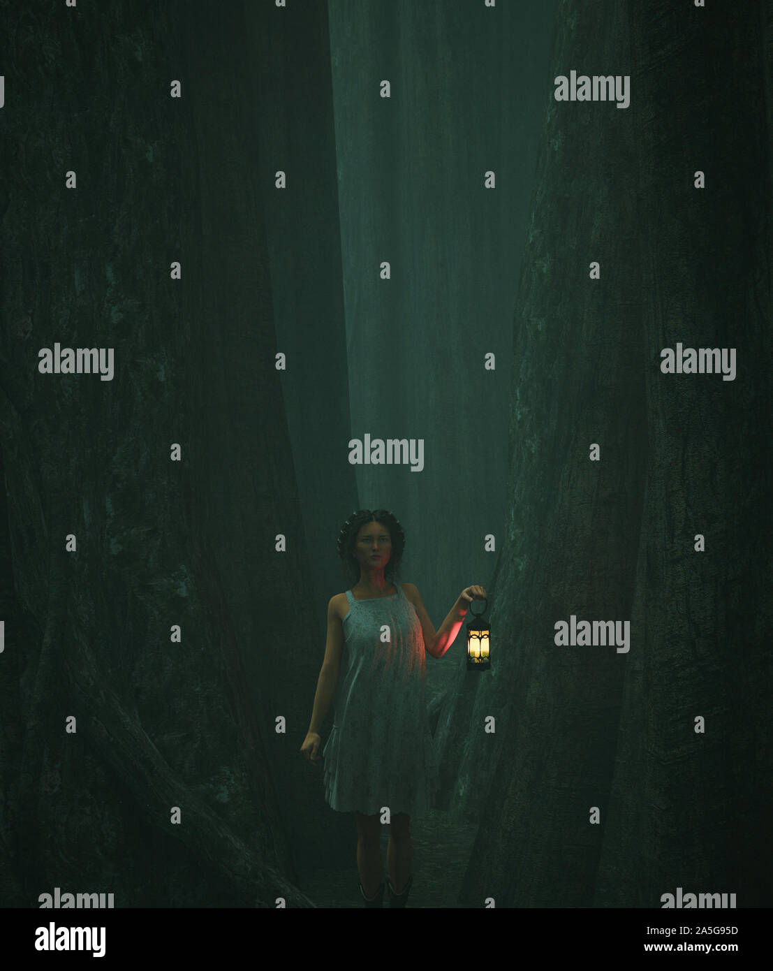 Donna con la lanterna a piedi nel cuore della foresta,3d illustrazione Foto Stock