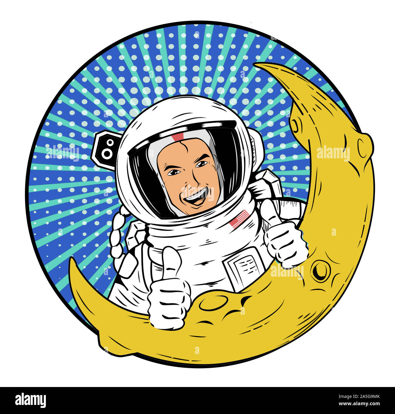 Un super felice astronauta si appoggia sulla Luna e dà un pollice in alto Foto Stock