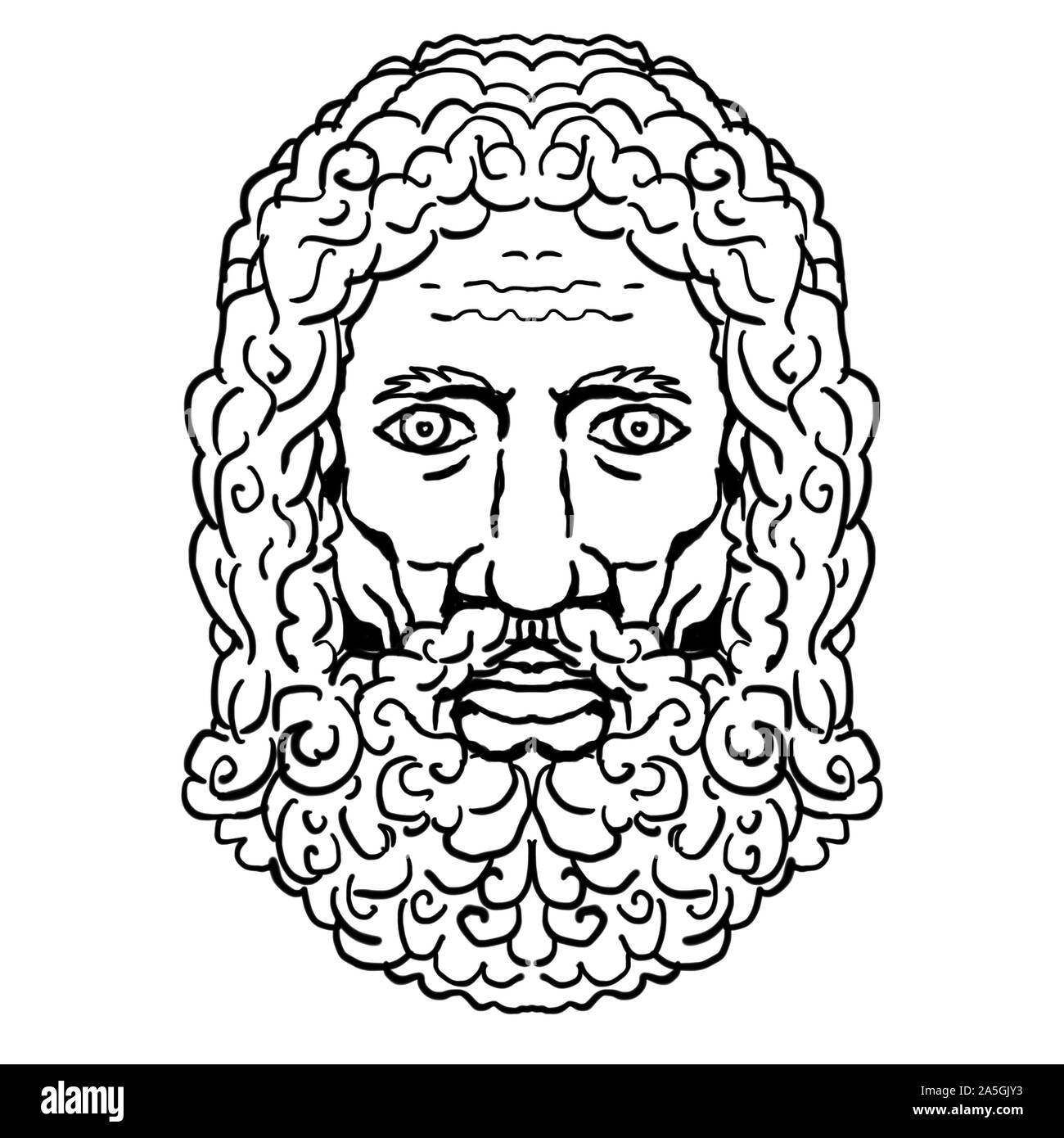 Rétro in stile cartoon ritratto disegno della testa di Zeus, un dio greco nella mitologia viste dalla parte anteriore sulla isolato sfondo bianco fatto in bianco e nero Foto Stock