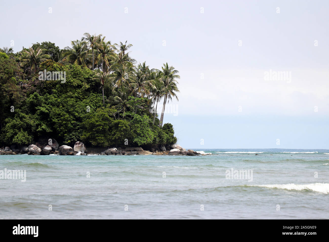 Isola tropicale, vista verso il mare e il verde della foresta di palme di cocco. Paradise il paesaggio con le acque azzurre e costa rocciosa Foto Stock