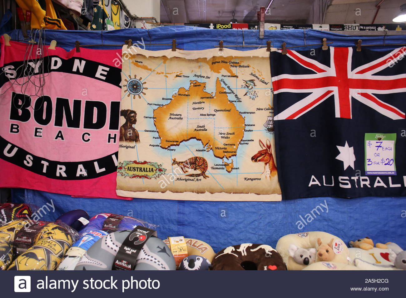Australian emblemi e icone come visto in un mercato di Sydney Foto Stock