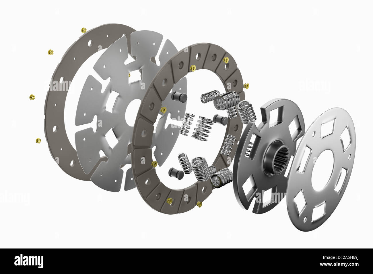 Il rendering 3d. Pezzi di ricambio per auto e camion del disco della frizione. Ricambi auto per la trasmissione. Immagine separata di tutti nel disco frizione di oggetti. Foto Stock