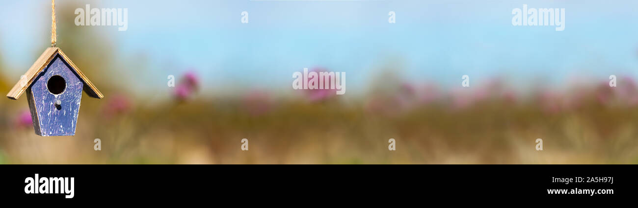 Panorama birdhouse o casella degli uccelli in autunno autunno, estate o sole primaverile con paesaggio naturale fiori in background panoramica banner web Foto Stock