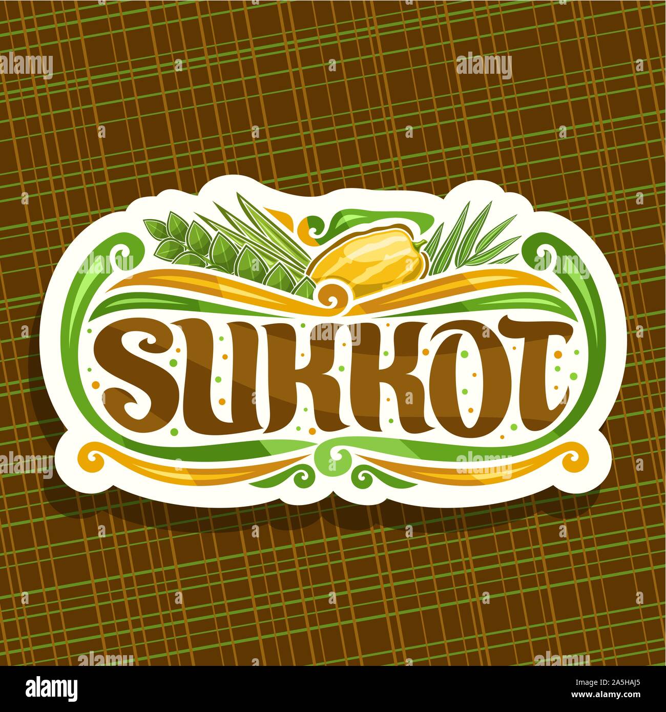Il logo del vettore per la festa ebraica Sukkot, il taglio della carta vintage segno con quattro specie di festosa cibo - mature etrog agrumi, ramo di palma, arava willow e aveva Illustrazione Vettoriale