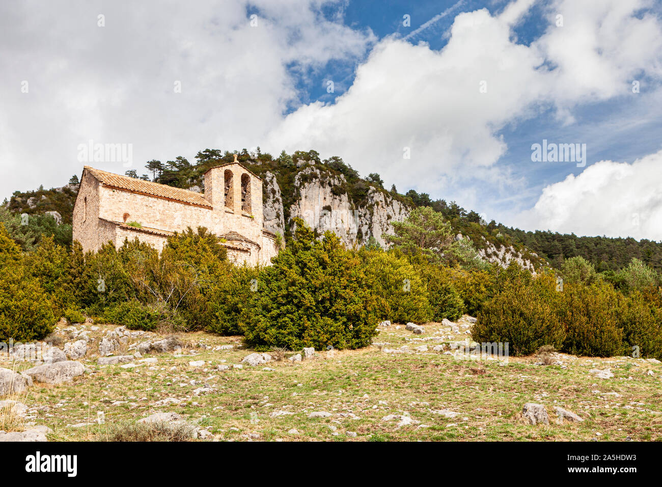 Chiesa di Sant Pere de Montgrony, Serra de Montgrony, Gombrèn, Girona, Spagna Foto Stock