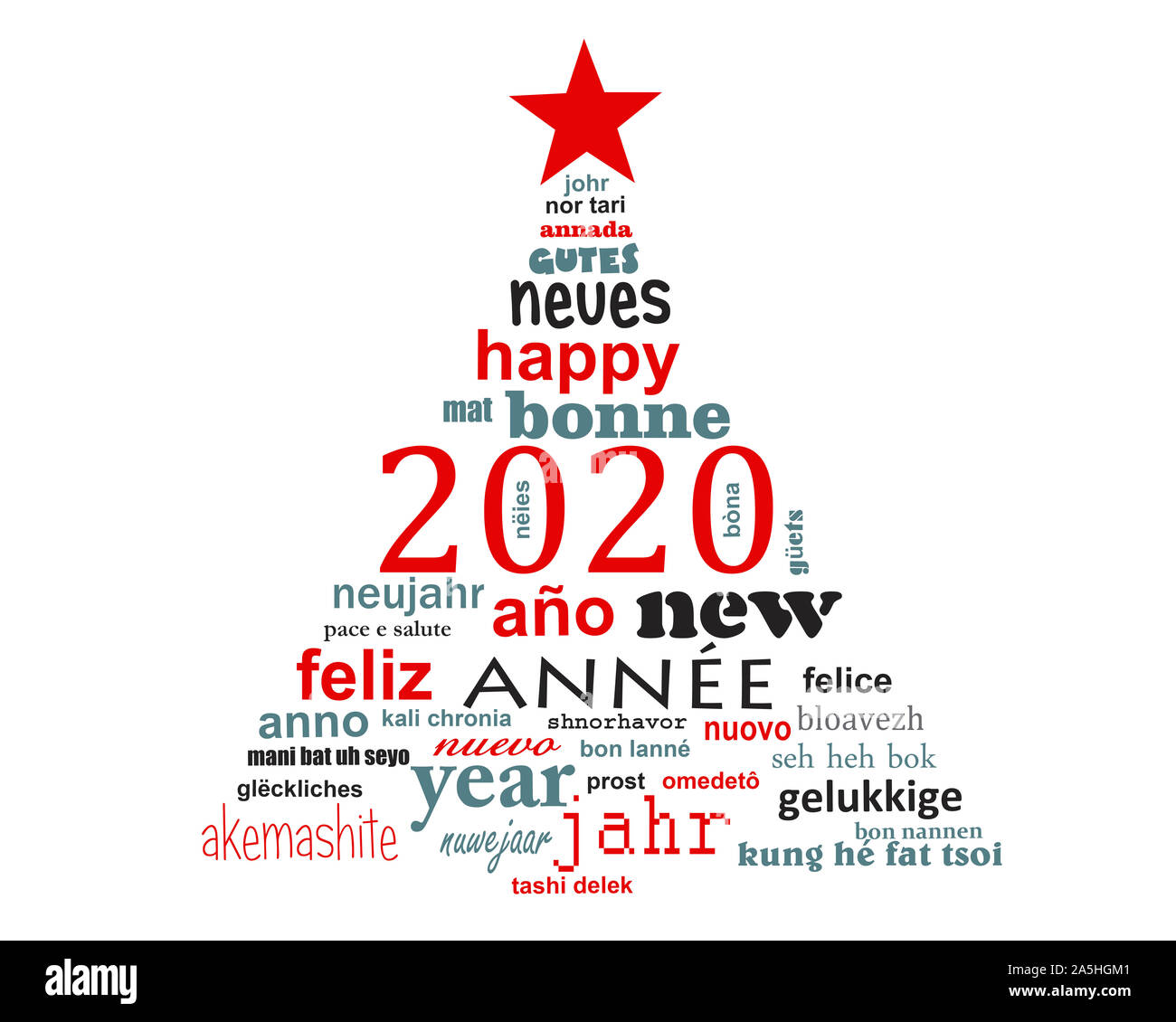 2020 Anno nuovo testo multilingue word cloud biglietto di auguri a forma di albero di natale Foto Stock