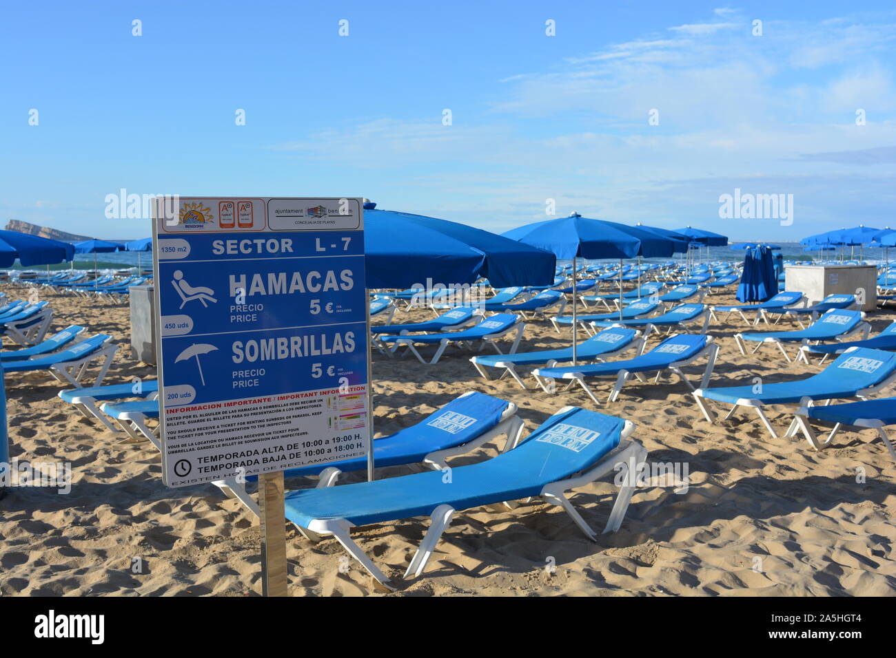 Segno pubblicità lettini e ombrelloni a noleggio su Playa Levante di Benidorm, Provincia di Alicante, Spagna Foto Stock