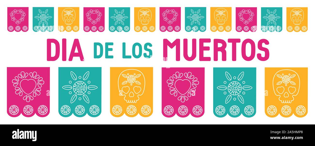 Il giorno dei morti, Dia de los Muertos, coperchio per il sito web, social media, sfondo, banner, biglietto di auguri. Illustrazione Vettoriale messicano con bunting, su Illustrazione Vettoriale