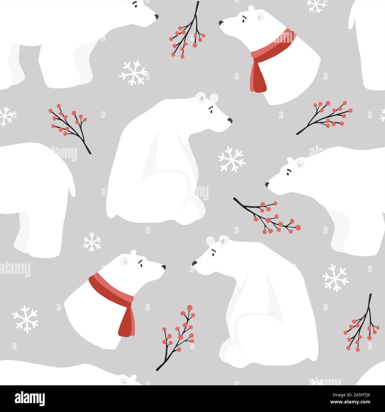 Carino il Natale senza cuciture bianche modello orsi polari,red sciarpe, agrifoglio bacche e caduta di fiocchi di neve.disegnati a mano i ragazzi del design nordico. Inverno scandinavo Illustrazione Vettoriale