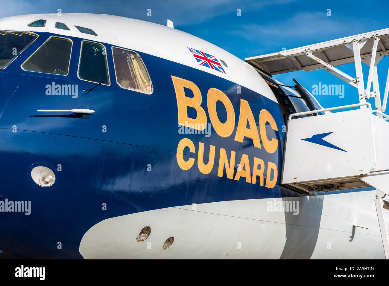 Golden Age di volare. Vintage BOAC Cunard Super VC10 aereo di linea G-ASGC sul display statico all'Imperial War Museum Duxford Cambridge. Foto Stock