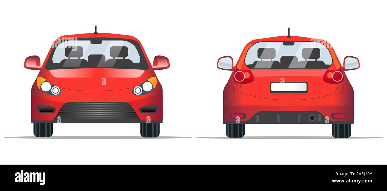 Auto rossa vista anteriore e posteriore, di tipo piatto. Modello di sito web, applicazione mobile e banner pubblicitario. Auto isolato su uno sfondo bianco, il vettore. Illustrazione Vettoriale