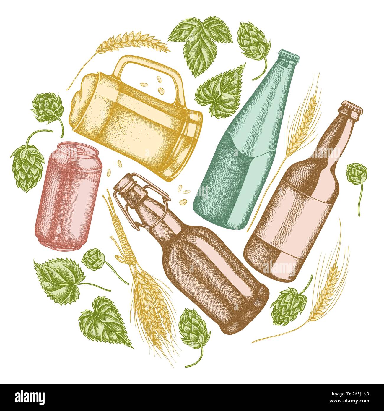 Round design floreale con tonalità di segale, hop, boccale di birra, le bottiglie di birra, alluminio può stock illustrazione Illustrazione Vettoriale