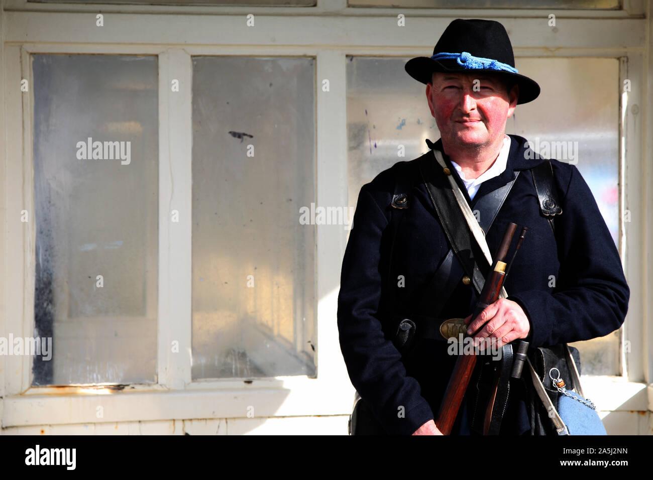 La guerra civile americana europea uniforme, privato della fanteria nel XVIII Missouri volontario fanteria, Soskan rievocazione della società a Hastings, 2019 Foto Stock