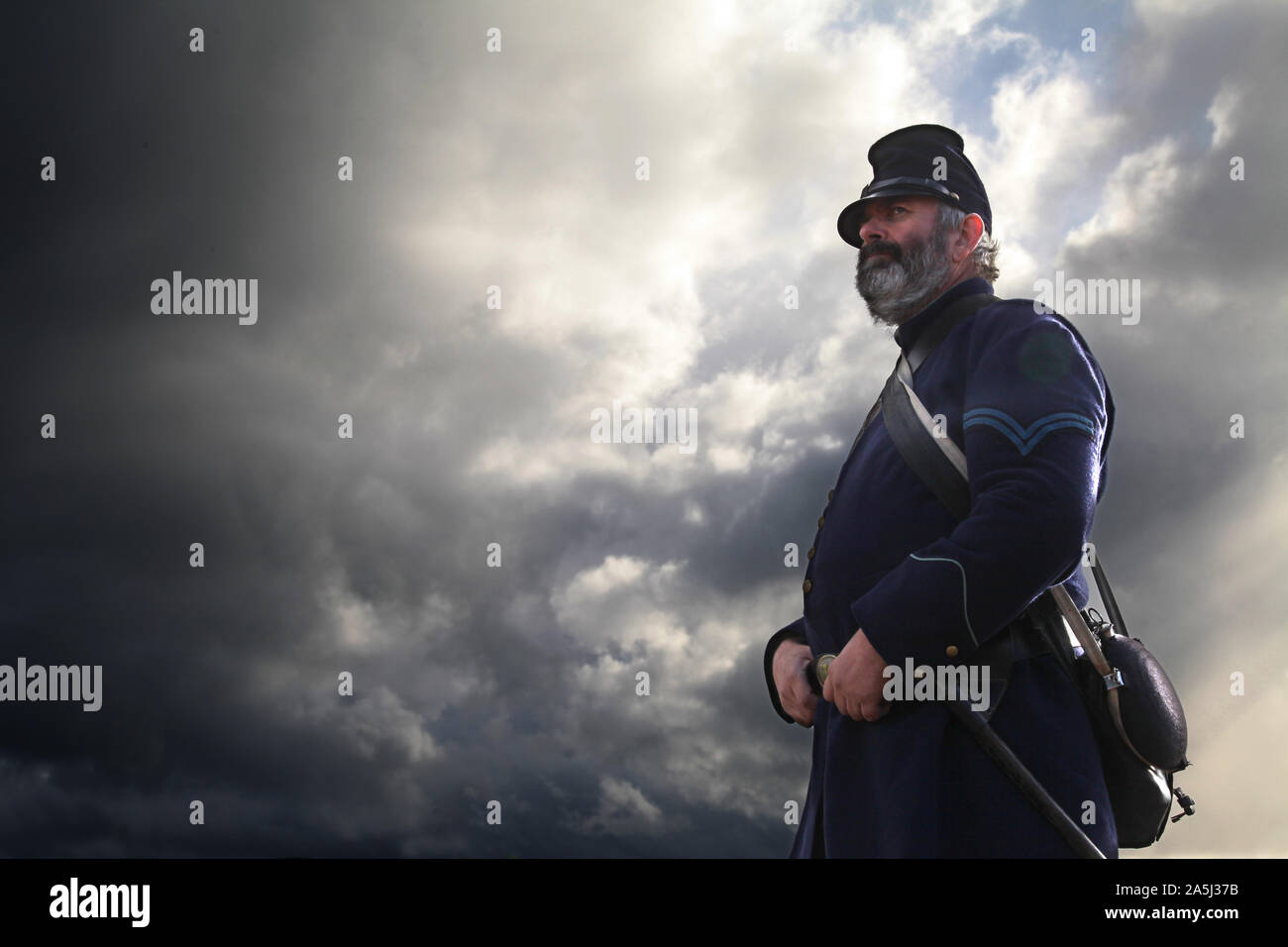 American Civil War Union Uniform, corporale dell'esercito nella 18a Missouri Volunteer Infanteria, Soskan re-enactment Society at Hastings, 2019 con spazio di copia Foto Stock