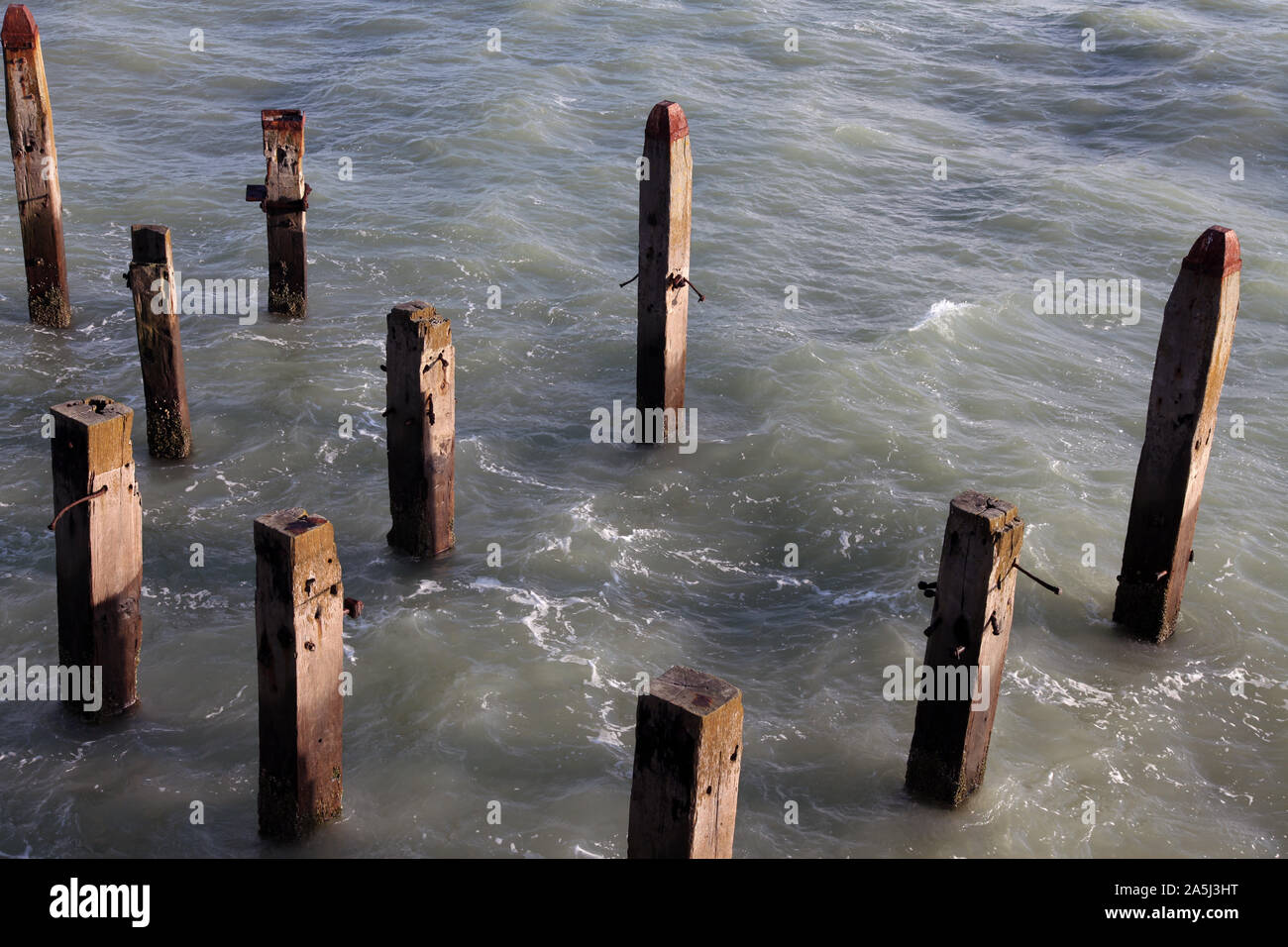 Parecchi marciume posti di legno sporgono dal letto del mare, una volta utilizzata per contenere fino a Hastings Pier, 2019 Foto Stock