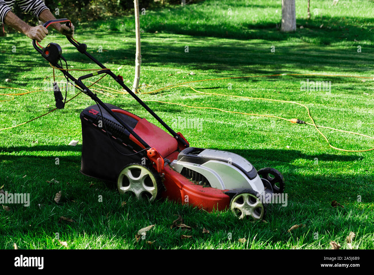 Giardiniere da elettrico tosaerba il taglio di erba verde in giardino. Giardino prato prato taglio. Lavoratore guy rifilato campo d'erba. Backyard concetto di cura. Foto Stock