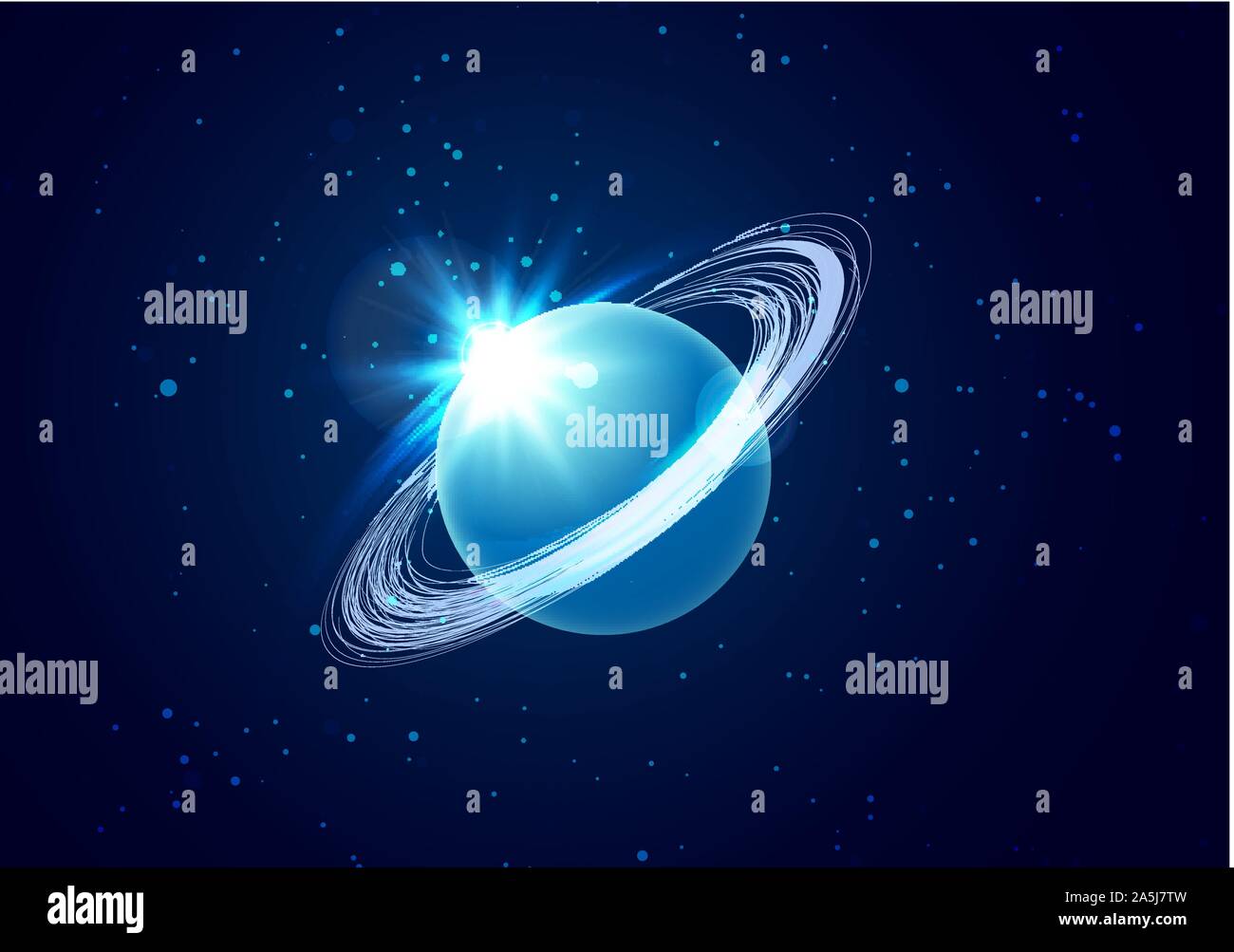 Il pianeta Urano nello spazio sfondo con stella. Il pianeta in astrologia è responsabile per le moderne tecnologie e innovazioni. Vettore Illustrazione Vettoriale