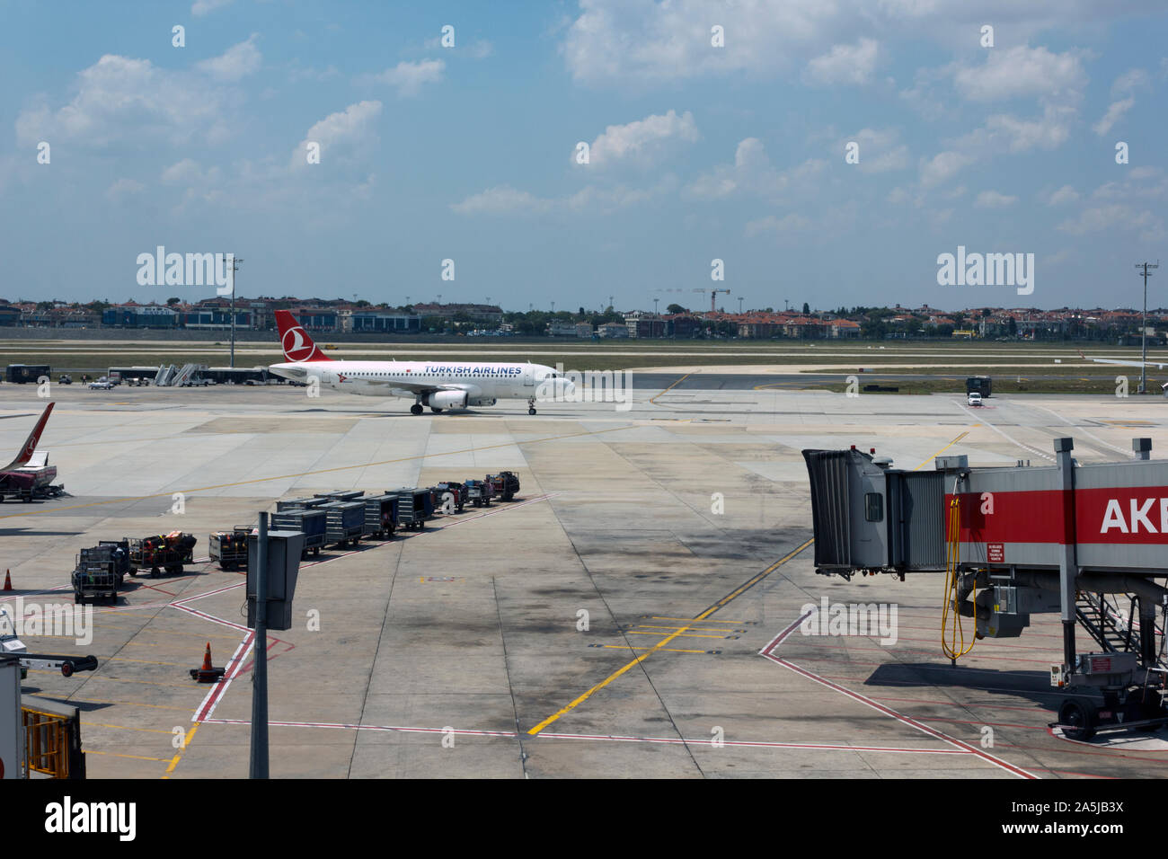 La Turkish Airlines aereo in arrivo all aeroporto di Istanbul, Istanbul, Turchia. Foto Stock