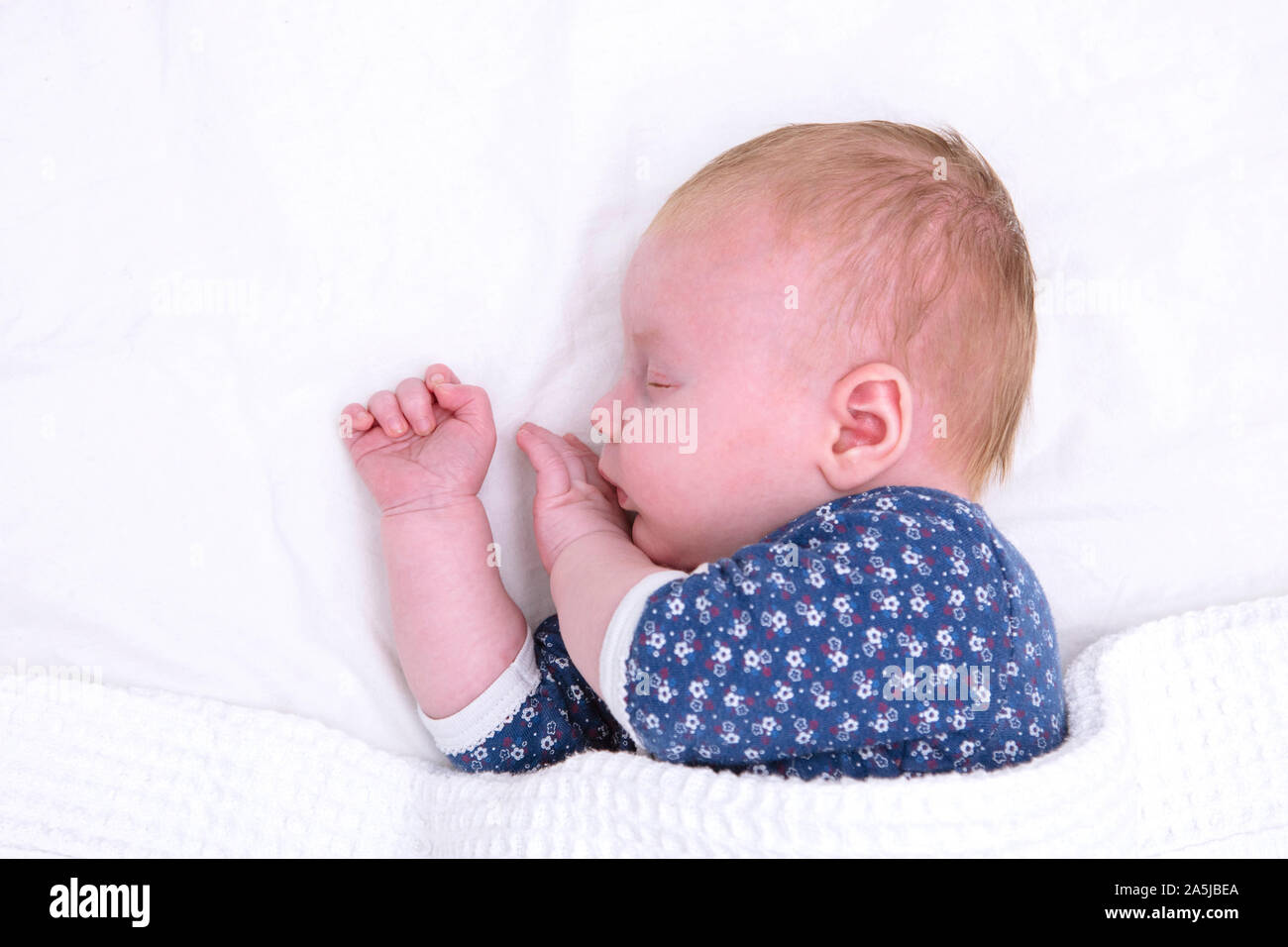 Neonato addormentato su un foglio bianco. Carino giovane baby Foto Stock