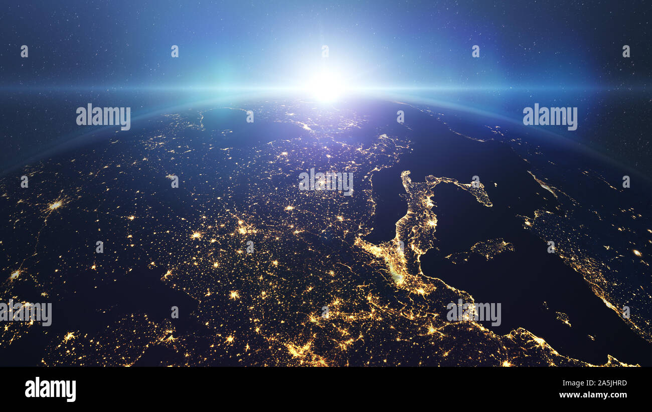 Bellissima alba sopra il pianeta terra visto dallo spazio esterno Foto Stock